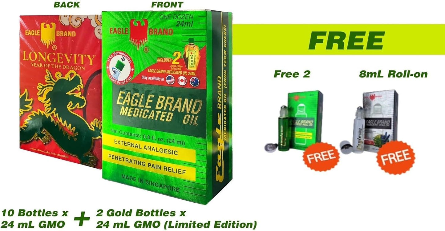 Eagle Brand Medicated Oil Dozen Pack, TET 2024 Limited Edition Pack with 2 free Roll-Ons (Dầu Gió Con Ó)