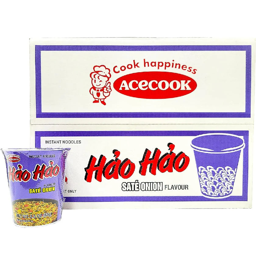 Acecook Hao Hao Sate Onion Flavor Instant Noodles Cup - 1 Box/12 Cups (Mì Ly Sa Tế Hành Hảo Hảo)