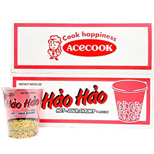 Acecook Hao Hao Hot & Sour Shrimp Flavor Instant Noodles Cup - 1 Box/12 Cups (Mì Ly Tôm Chua Cay Hảo Hảo)