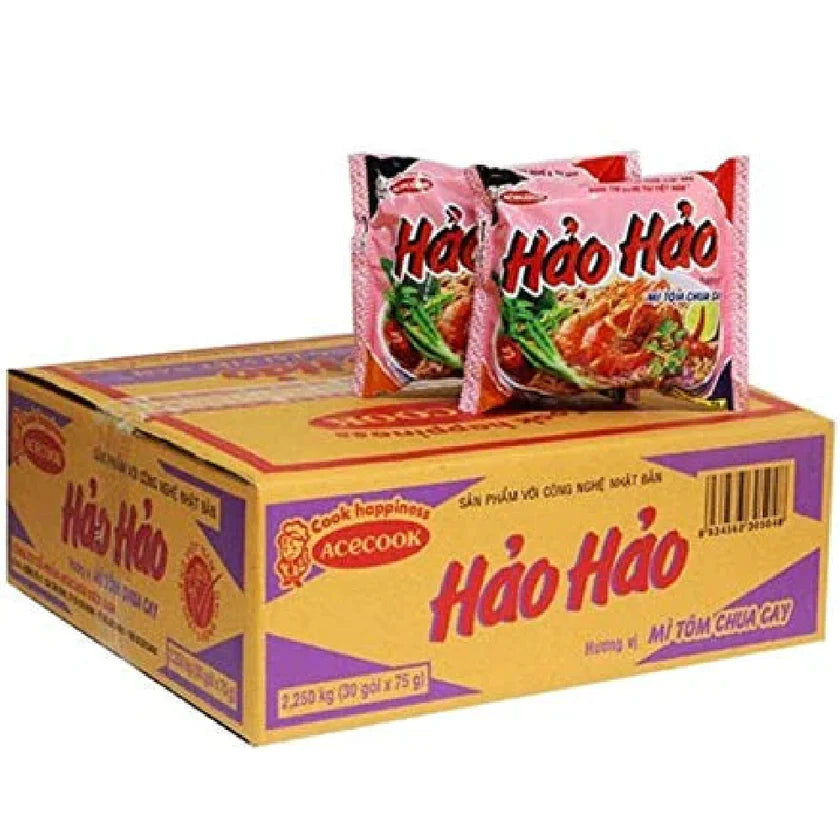 Acecook Hao Hao Hot Sour Shrimp Flavor Instant Noodles - 1 Box/30 Bags (Mì Tôm Chua Cay Hảo Hảo)