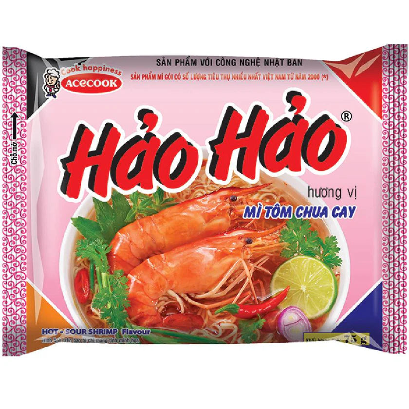 Acecook Hao Hao Hot Sour Shrimp Flavor Instant Noodles - 1 Box/30 Bags (Mì Tôm Chua Cay Hảo Hảo)